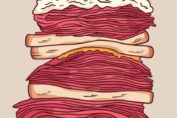 Color illustration of a triple stacked meat sandwich. from: PWCD Life Is the Birds and the Bees. pro-life vs pro-choice