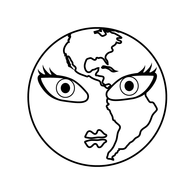 Black and white drawing of an earth with a female's face. from: PWCD - Feminist Charities.