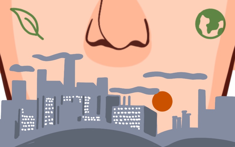 Color illustration of a gigantic nose and lower face with smoggy industrial buildings and green symbols. from: PWCD - Air Pollution and Covid-19.
