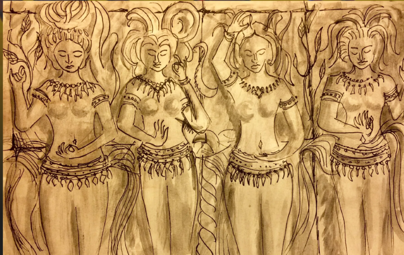 Tan-colored painting of Cambodian dancers. from: PWCD - Transactional Sex.