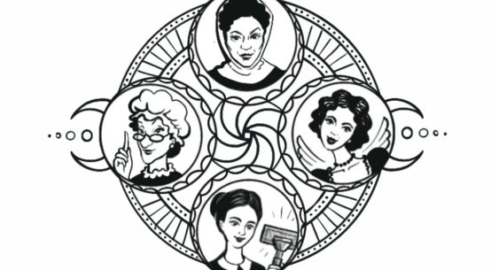 A circular black and white illustration of 4 different types of "maid." from: PWCD -