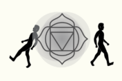 Illustration of a gray flower - like symbol and two male evolutionary figures. from: PWCD - Rebirth Religions