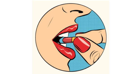 Pop art picture of a woman with red lipstick taking a pill. from: PWCD - birth control in third world countries
