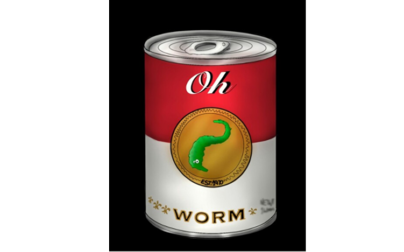 Art Print - a red and white soup can resembling Campbells with text 'Oh Worm.' from: PWCD - Private Right of Action